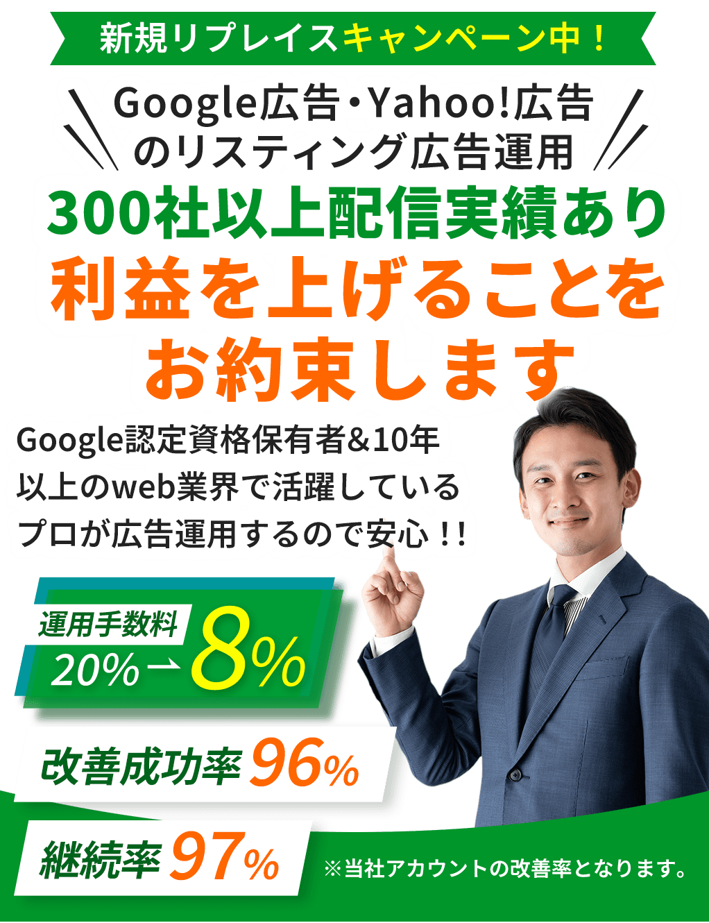 新規リプレイスキャンペーン中！Google広告・Yahoo!広告のリスティング広告運用!!300社以上配信実績あり利益を上げることをお約束します。Google認定資格保有者＆10年以上のweb業界で活躍しているプロが広告運用するので安心！！改善成功率96％・継続率97％・運用手数料20%→8％。