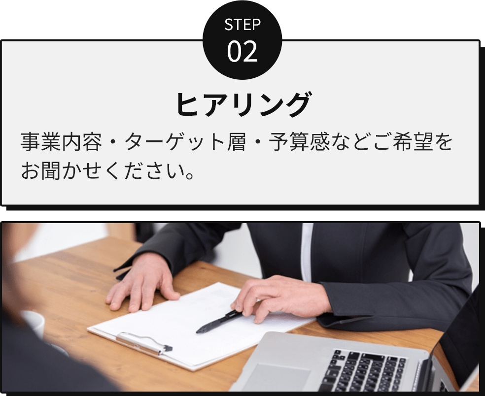 step02/ヒアリング/事業内容・ターゲット層・予算感などご希望をお聞かせください。