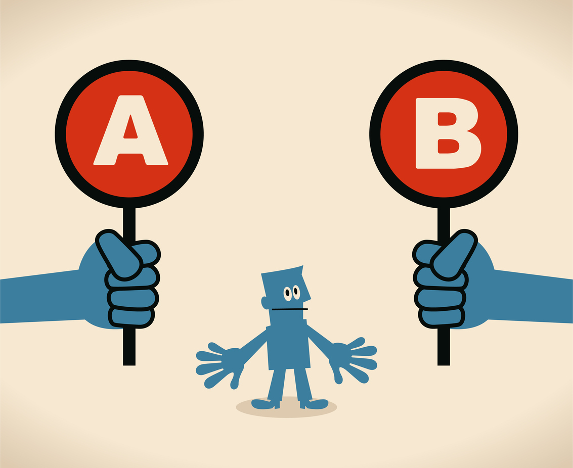 Businessman with two options to choose between A or B